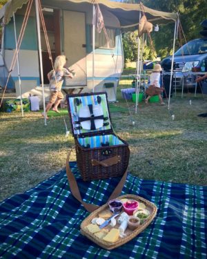 The limited edition Wilson & Co 2 person picnic basket in French Stripe Sunshine 2 person picnic basket